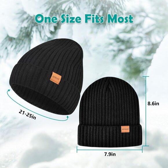 ZEXIAN Men's Black Warm Knitted Skull Cold Weather Winter Hat Touchscreen Gloves - Picture 3 of 7